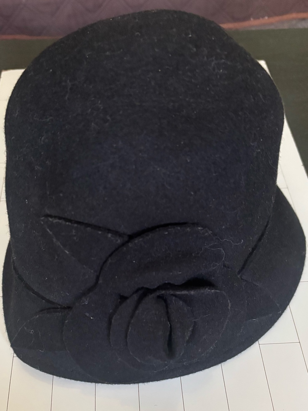 Nine West Black Wool Bucket Hat  with Flower Accent